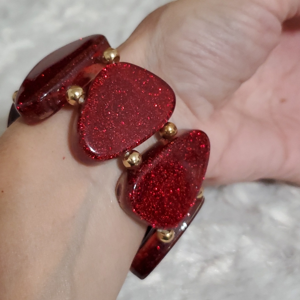 Chunky red shimmer metallic stretchy bracelet Concert club dancing mega sparkle